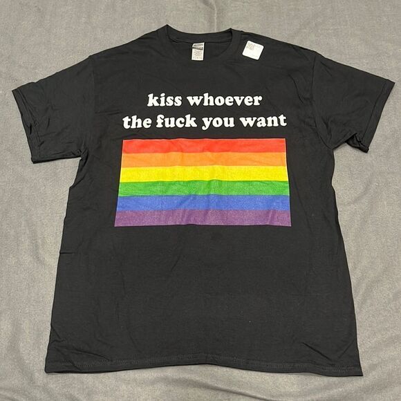Pride Kiss Whoever the F*ck You Want Rainbow Flag Black Graphic Tee Size Large - Picture 1 of 5